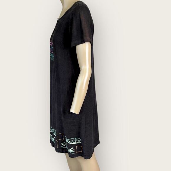 Blue Cactus Vintage 100% Linen Short Sleeve Hand Paint Shift Dress Size PS Black - Picture 3 of 15
